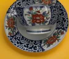 OMC Japanese Porcelain Rice Bowl & Plate Set Hand Painted Gold Accents Vintage