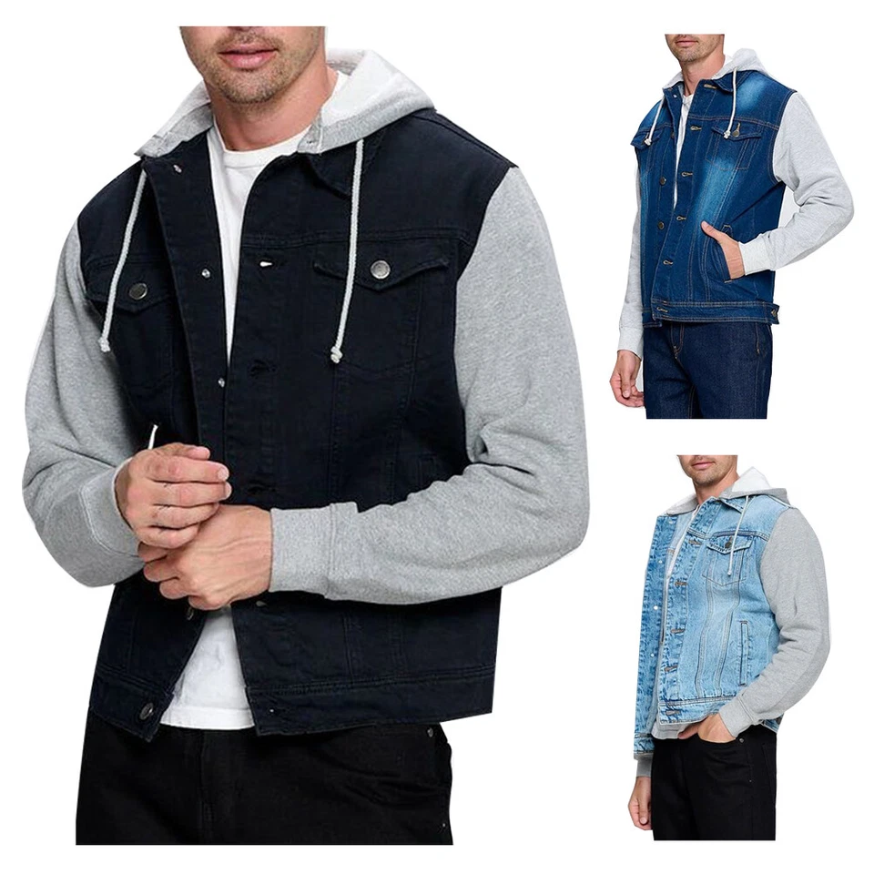 Men's Jean Jacket Hoodie Cotton Denim Long Sleeve Hybrid Hooded Trucker Jacket
