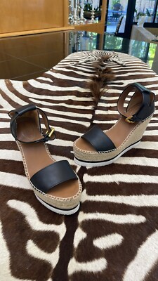 See by Chloe Glyn Espadrilles Wedge Black Leather Ankle Strap