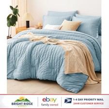 Seersucker King Comforter Set with Fitted Sheets and Pillow Covers in Light Blue