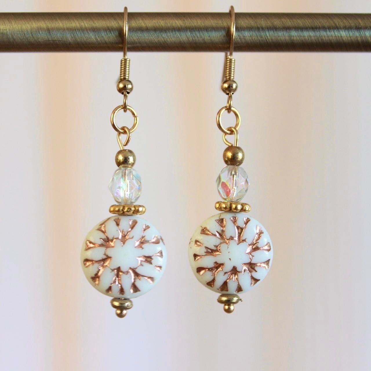 Handmade Snowflake Beaded Dangle Drop Earrings Go… - image 1