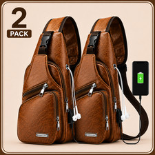 PACK 2 - Men s Brown Sling Backpack Crossbody Chest Bag with USB Charging Port