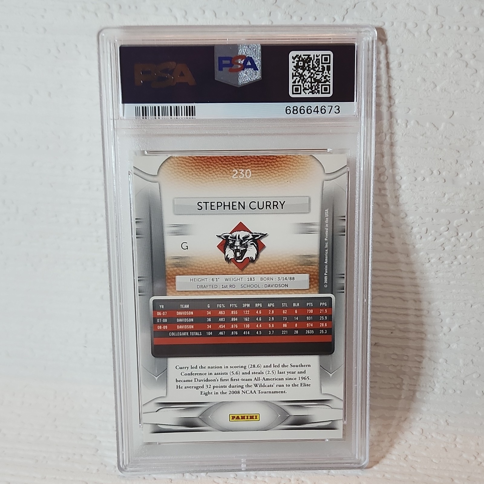 2009 Panini Prestige Stephen Curry RC #230 Davidson Wildcats Rookie PSA 5 EX view 2