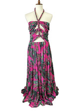 NWT FARM Rio Leaves Pink Maxi Dress Halter Top  Sleeveless Tie Back Tropical