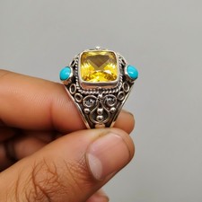 peridot and Turquoise gemstone Artisan statement Ring Silver handmade Ring