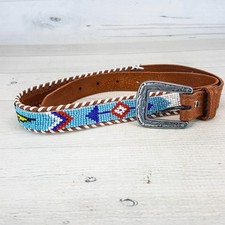 Vintage Beaded Thunderbird Seed Bead Genuine Leather Brown Belt LG 27-31"