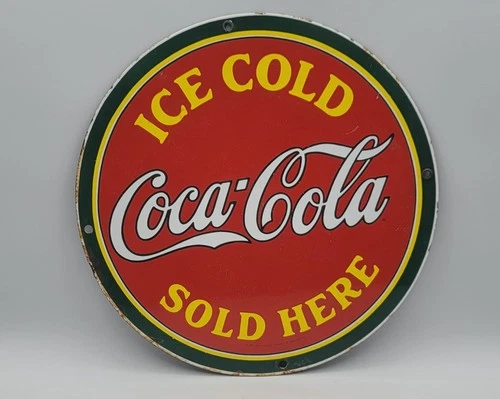 Vintage Ice Cold Coca Cola Sold Here Porcelain Enameled Metal Sign