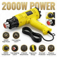 Heat Gun 2000W Electric Hot Air Gun Stepless Temperature Heater Tool  4 Nozzles