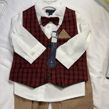 Combinaison 4 pièces Tahari enfant garçon rouge gilet à carreaux chemise blanche marron pantalon nœud neuf sans étiquette