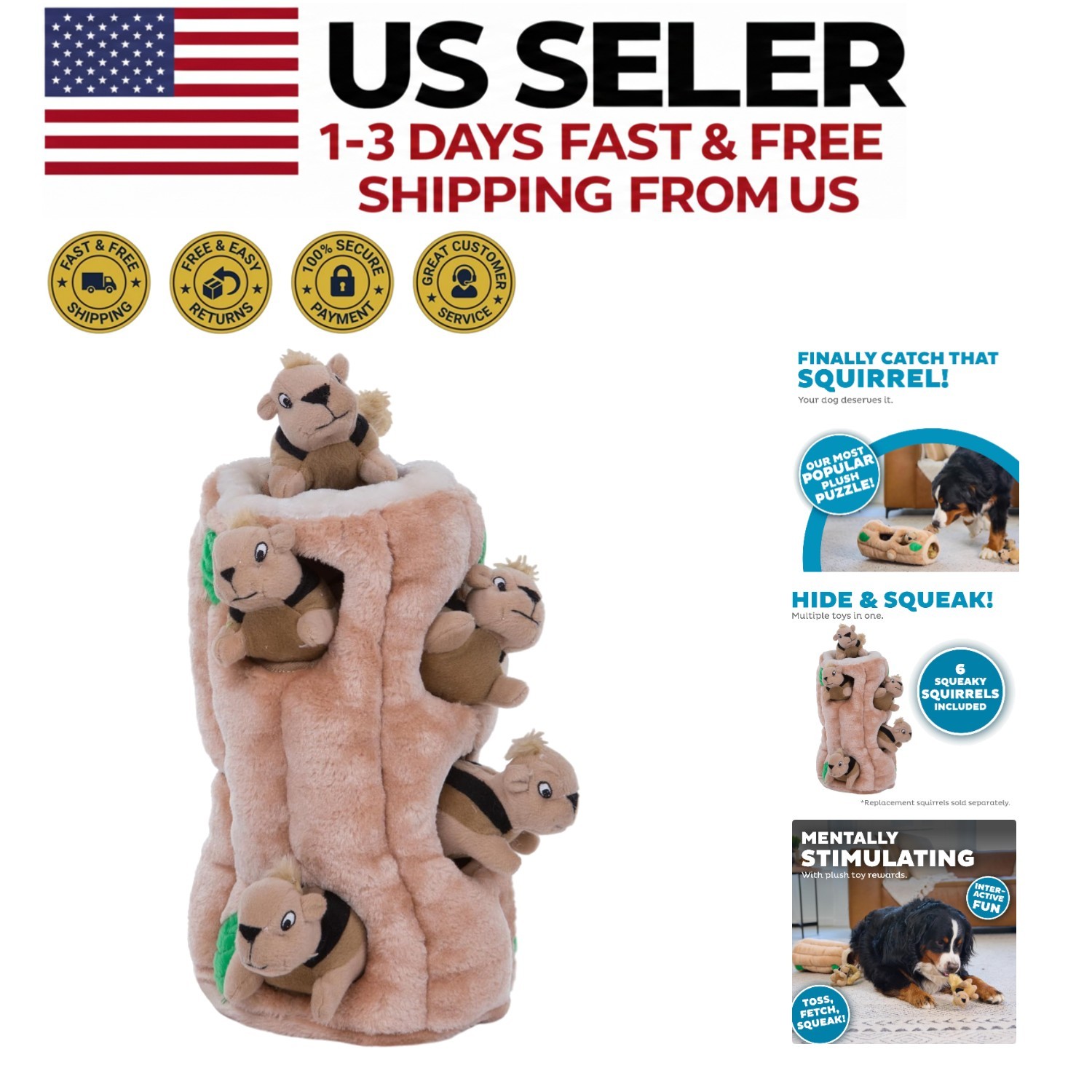 X-Large Hide-A-Squirrel Plush Dog Toy - 2-in-1 Interactive Puzzle 6 Squeakers