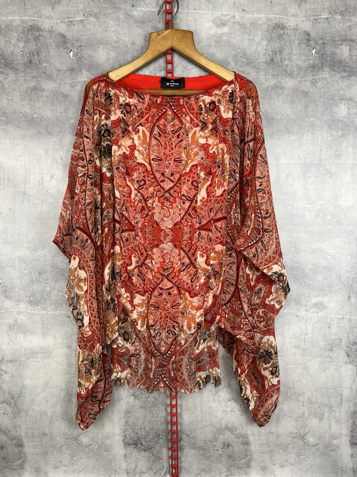 Etro Brocade Sheer Kimono Sleeve Poncho Tunic in Red Silk