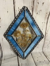 Vintage Blue Stained Glass Diamond Cut Suncatcher With Pressed Dried Flowers