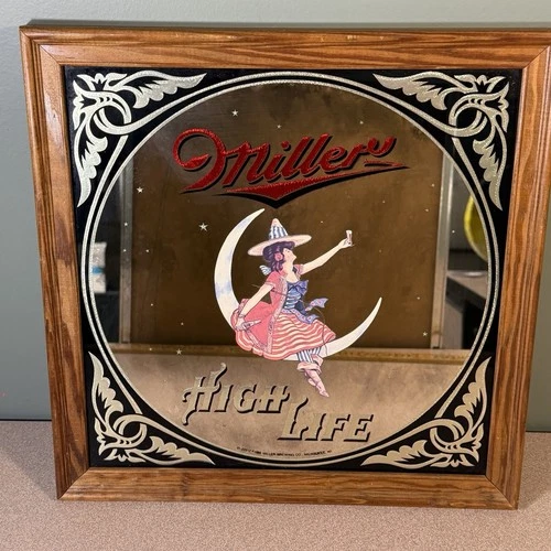 Vintage 1980 USA Miller High Life Beer Sign Lady Moon Advertising Mirror 14x14