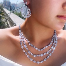 CZ Crystal Flower Multi-Layered Wedding Necklace Earring Jewelry Set for Brides
