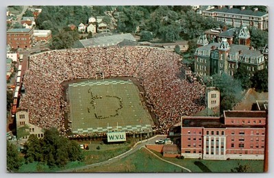 WVU Mountaineer Field Aerial View Lusterchrome Postcard Morgantown WV