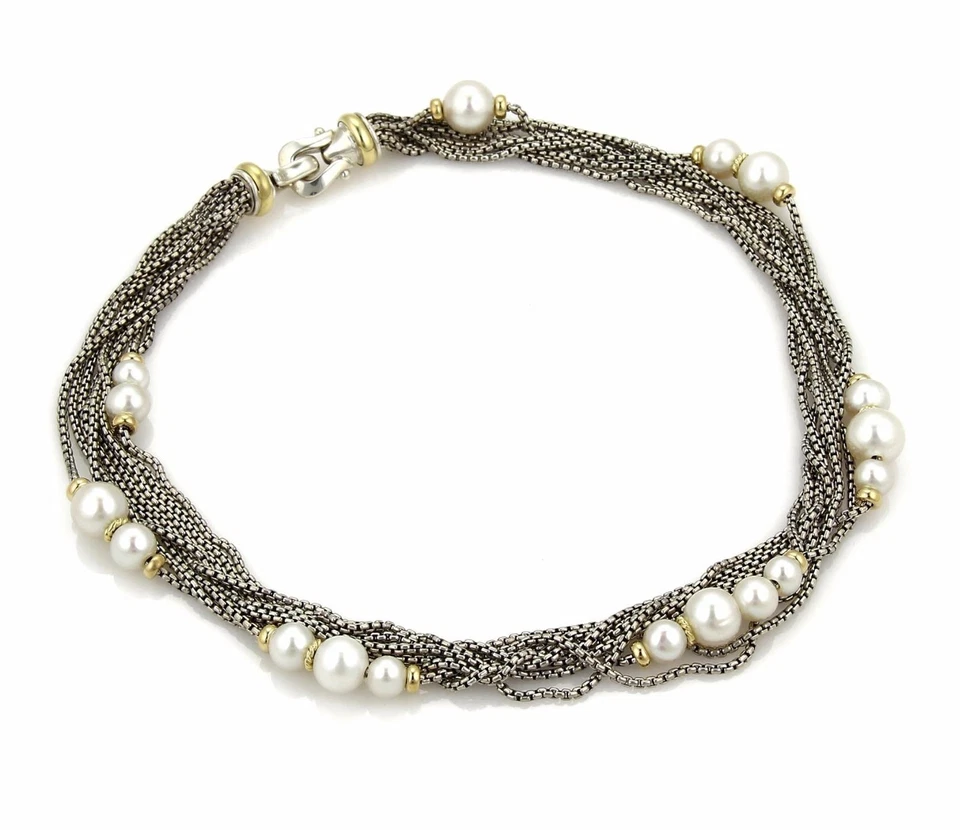 David Yurman 珍珠项链 18k 黄金纯银多股盒链 — 第 2/4 张图片