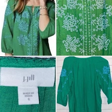 J JILL Kelly Green & Turquoise Embroidered Boho Peasant Top Small EUC