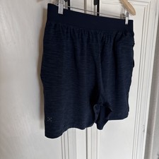 EUC Lululemon  Men’s Heather Allover Iron Blue  Navy THE Short Linerless 7” Sz L