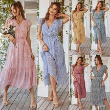 Summer Dresses Ruffle Cap Sleeve V Neck Belt Wrap Split Boho Floral Long Casual 