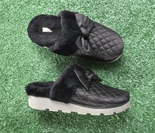 VIONIC Black Promise Bow Faux Fur Satin Quilt Slip-On Arch Support Slippers Sz 7