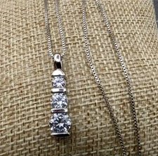 Estate Sterling Silver Diamonique Stacked CZ Pendant & 18" Box Chain Necklace
