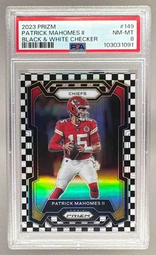 1091 Patrick Mahomes II 2023 Panini Prizm #149 Black and White Checker PSA 8