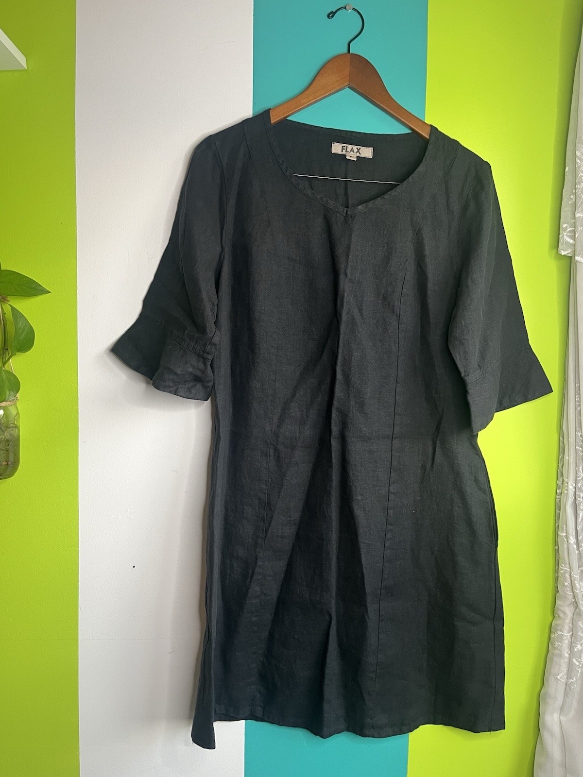 Flax Linen Dress Black 334 Sleeve Ruffle Cuff Midi Pockets Size Small