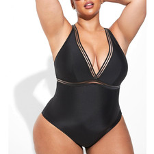 New Torrid Plus Size 6 Black Mesh Trim Busty Padded One Piece Wireless Swimsuit