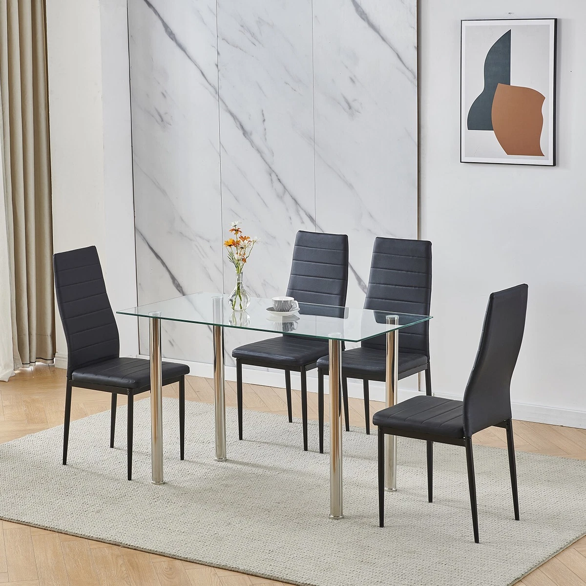 Modern 5 Piece Glass Dining Table Set for 4 with Chairs for Dining