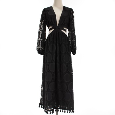 Alexis NWT Stran Cut Out Midi Dress Size L in Solid Black w/ Large Tonal Circles
