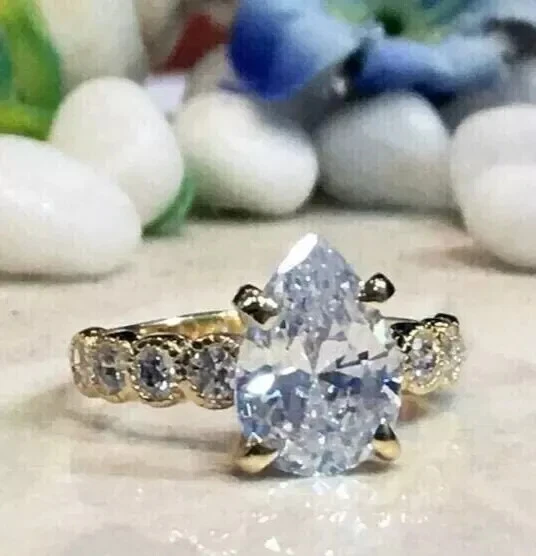 Women 2.50 CT Pear Cut Moissanite Wedding Engagement Ring 14k Yellow Gold Plated