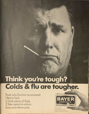 1968 Bayer Aspirin PRINT AD Sick Tough Guy - Colds & Flu Are Tougher VTG  1960s