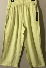 Tahari 100% Linen Wide-Leg Crop Pants Elastic Waist Pockets Lemongrass Sz M NWT