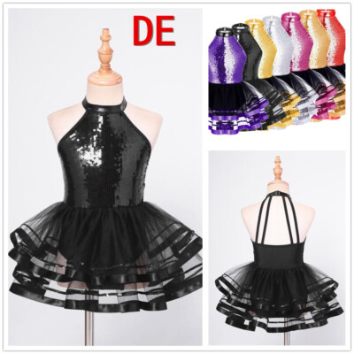 DE Ballettanzug Mädchen Ballettkleidung Glitzer Neckholder Tanzanzug Tütü Rock