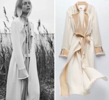 Zara Studio Rare Cream Semi Sheer Duster Kimono Coat With Belt Velvet Detail Xs