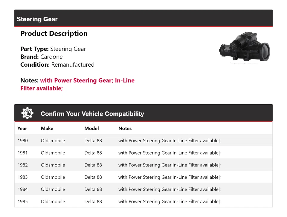 Para Oldsmobile Delta 88 1980-1985 engranaje de dirección Cardone 1981 1982 1983 1984 Foto 2 de 4