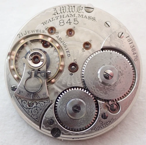 ANTIQUE 18s WALTHAM GRADE 845 21 JEWEL 21J OPEN FACE POCKET WATCH MOVEMENT