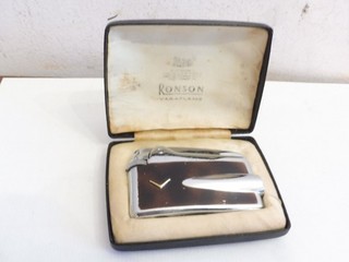 FOUND CASED RONSON VARAFLAME BROWN WITH GOLD V COMPLETE GC NO FLINT OR FUEL