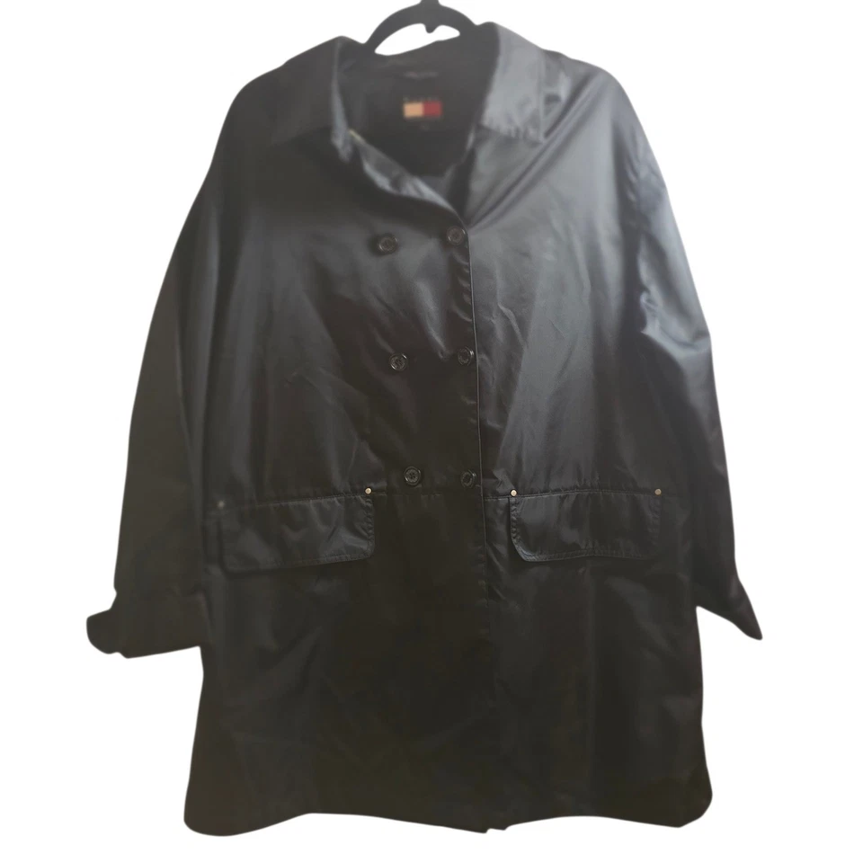 Tommy Hilfiger Black Nylon Double Breasted Trench Coat Jacket XL Vintage Y2K - Image 2 of 4