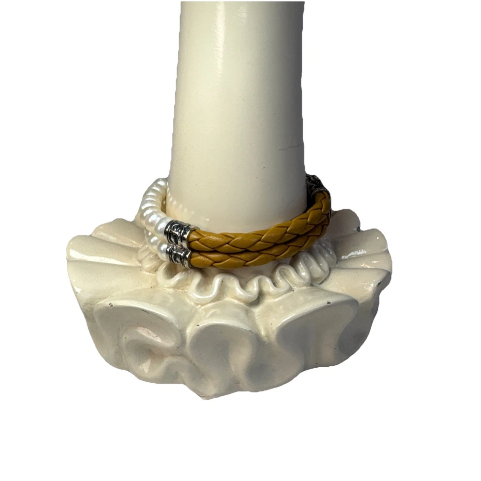 "Brazalete trenzado de cuero beige perla de agua dulce de plata esterlina HONORA 8""" Foto 2 de 4