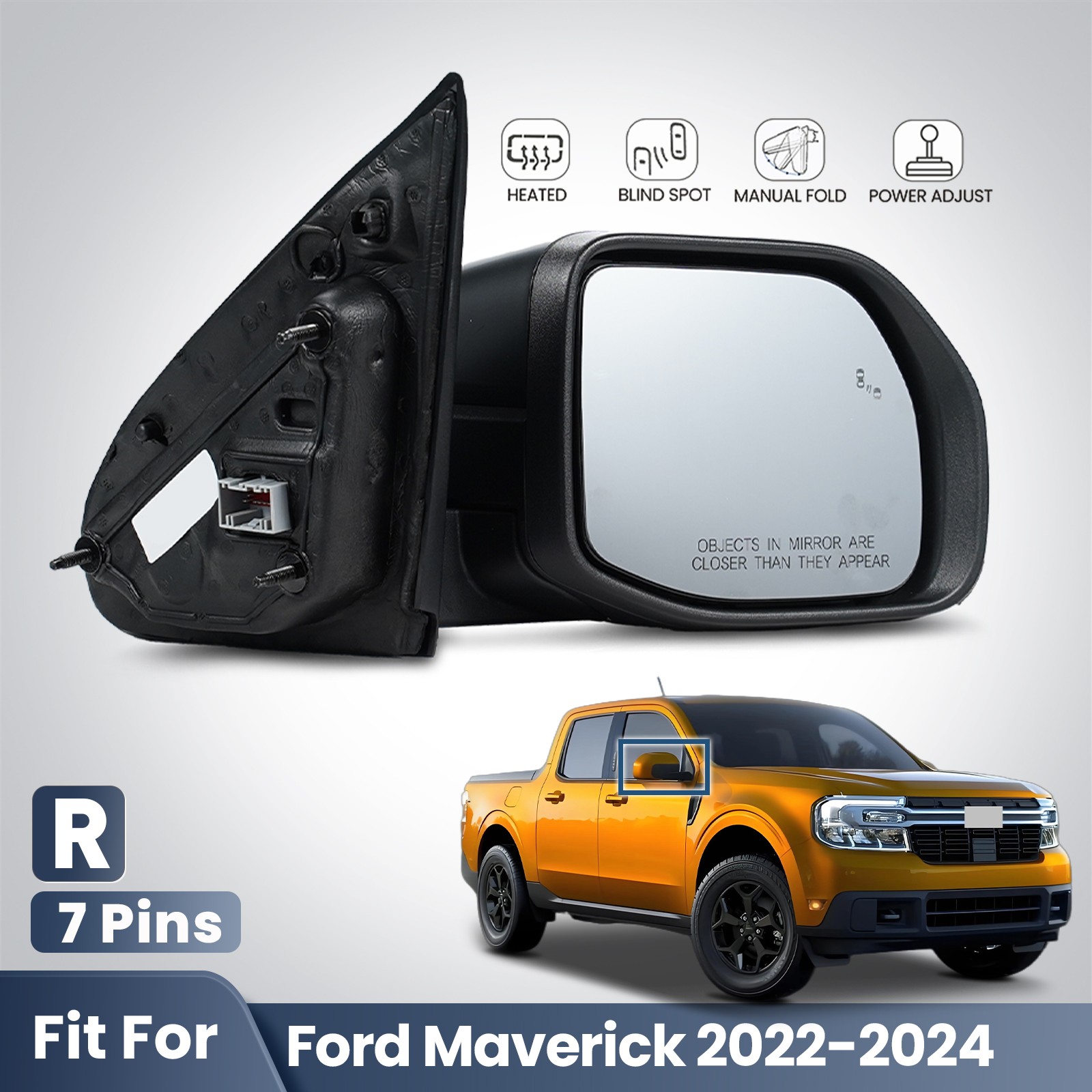 Side Mirror For 2022-2024 Ford Maverick W/BSD & Heated Power Adjust Right 7 Pins