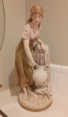 Royal Dux Porcelain Woman Figurine w/ Jug, Bohemia Mid-Century Glossy