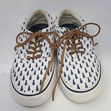 Sperry Vineyard Vines Canvas Sneakers Shoes Blue Fish Whales On Cream Men's 7.5