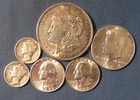 LOT 6 US SILVER COINS 1921 MORGAN SILVER DOLLAR 1964 HALF $ 2 QUARTERS ++