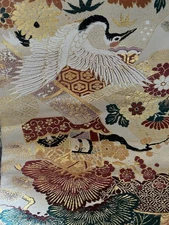 Antique Japanese Maru Obi Cranes Plants Full Pattern Gold Thread  Gorgeous Read