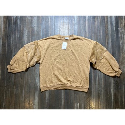 Pull&Bear Faux Fur Sleeve Oversized Sweatshirt Tan Camel Crewneck
