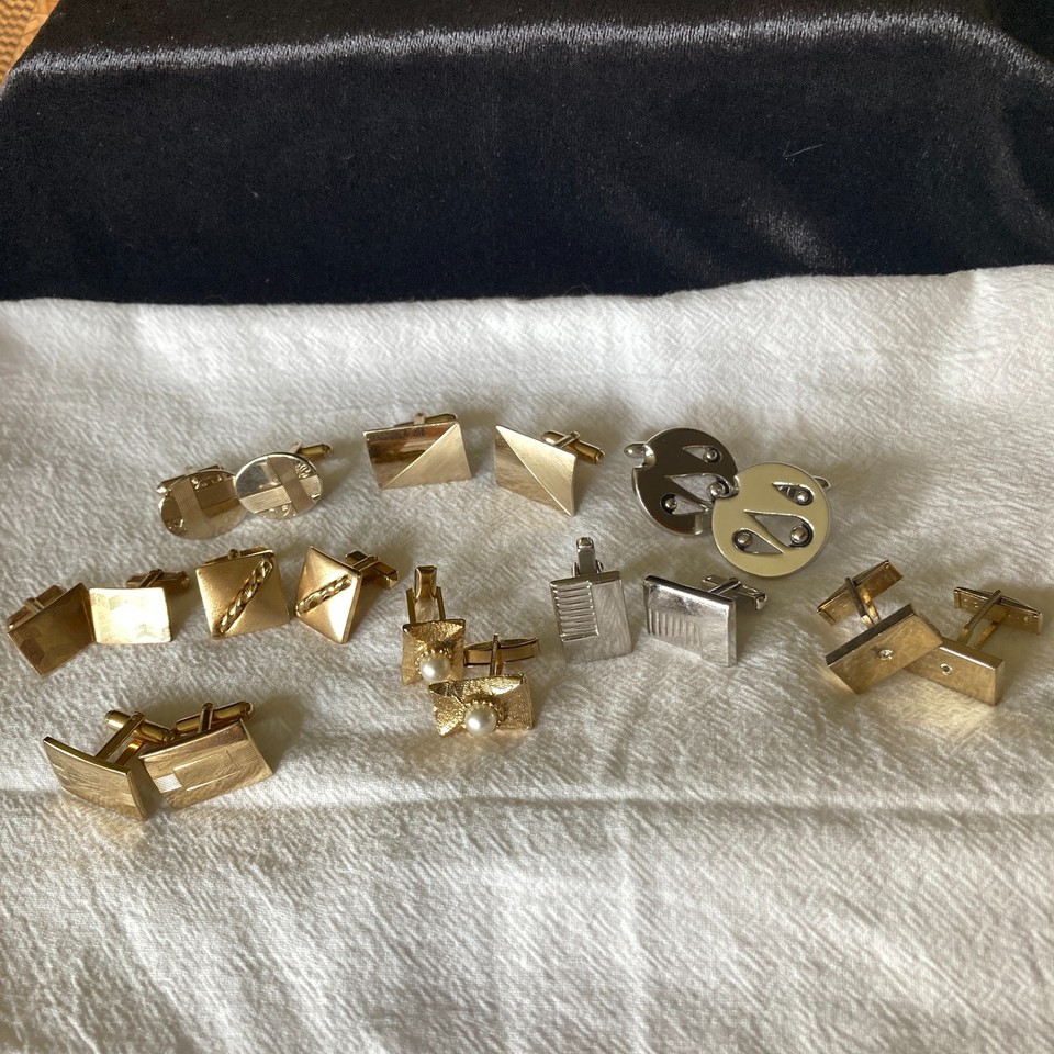Nine mixed-era cufflinks from legendary makers like Swank, Anson, and Pioneer in one lot — a treasure chest of mid-century menswear history at a steal.