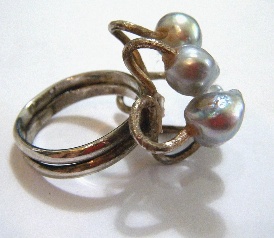 Anillo grande vintage modernista barroco perlas plata esterlina escultural forastero Foto 3 de 4