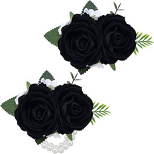 2Pcs Black Artificial Rose Wrist Corsage Wristlet Band and Boutonniere Set, for