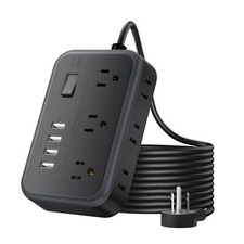 25 Ft Flat Plug Extension Cord with 6 Widely Spaced Outlets and USB Ports Black